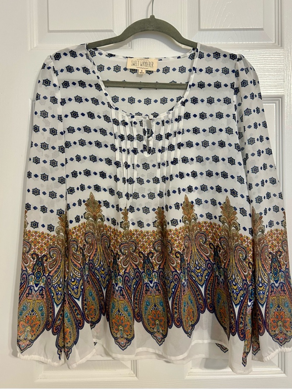 White Paisley Border Print Peasant Blouse by Sweet Wanderer